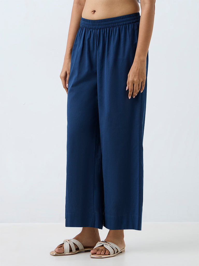 Utsa Indigo Solid Cotton-Blend Pants