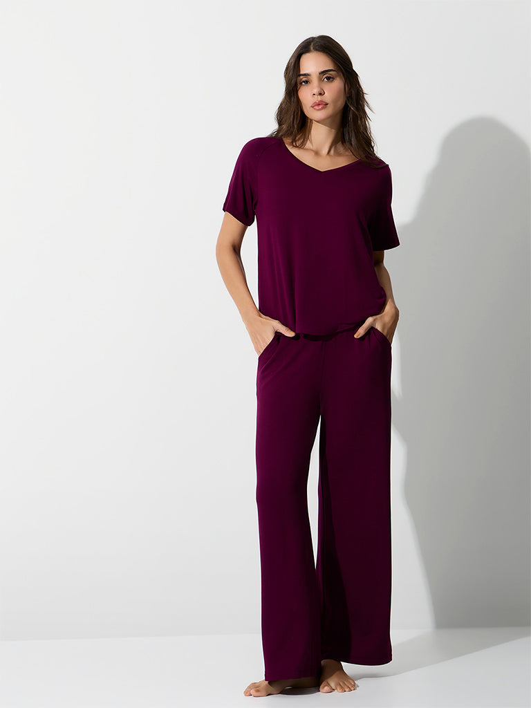 Wunderlove Wine Solid High-Rise Pants
