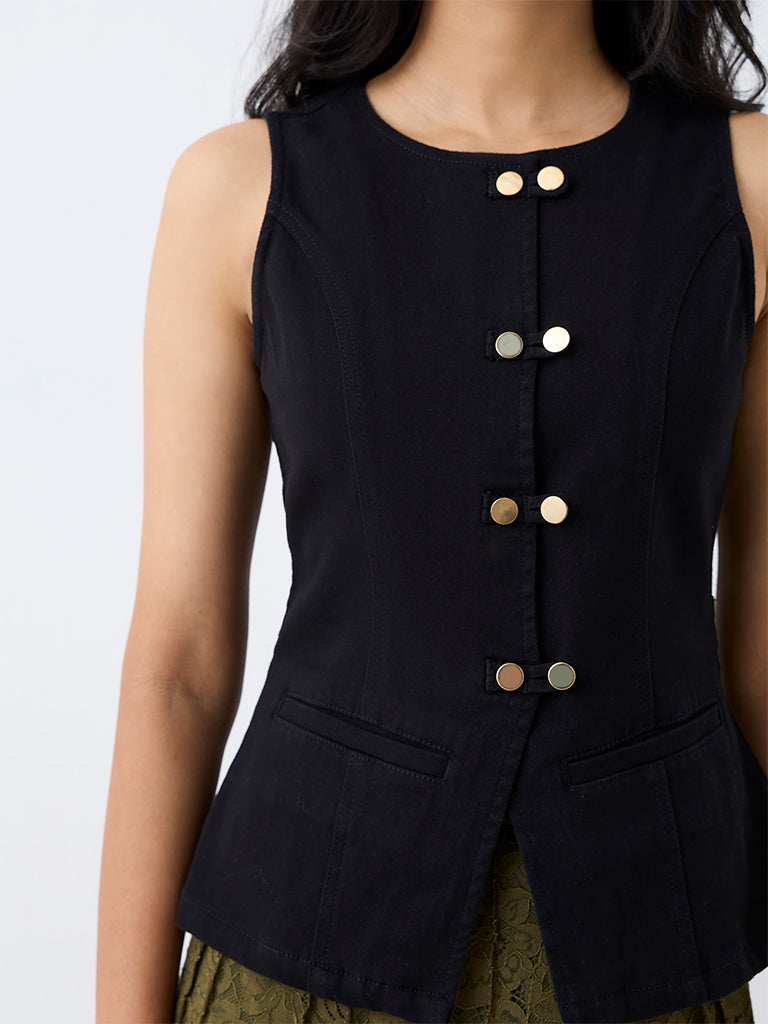 LOV Black Loop Button Denim Top