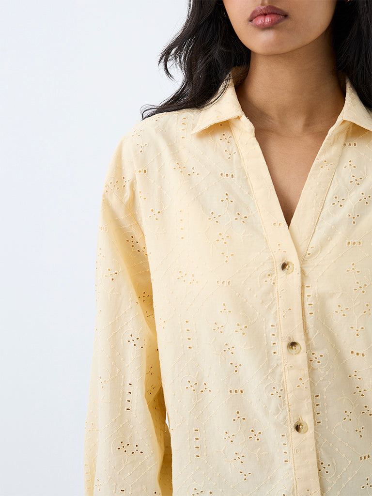 LOV Light Yellow Schiffli Embroidered Cotton Blouse