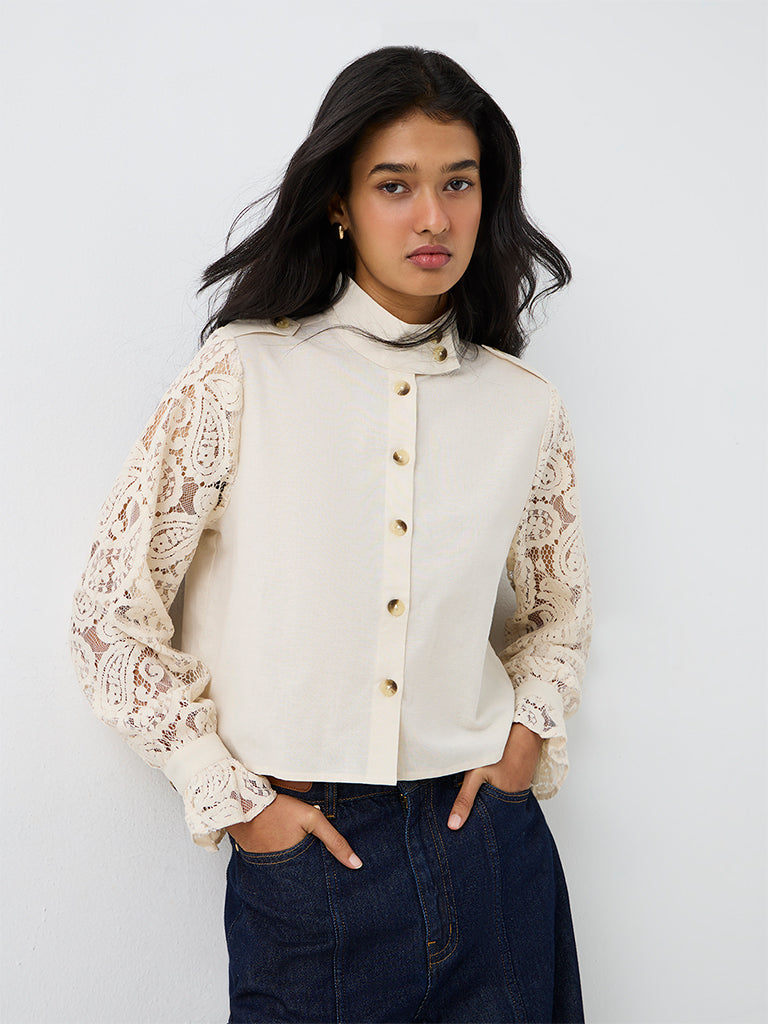 LOV Off-White Paisley Lace-Detail Shirt