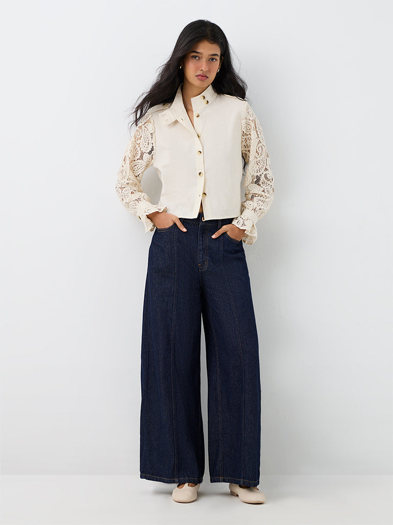LOV Off-White Paisley Lace-Detail Shirt