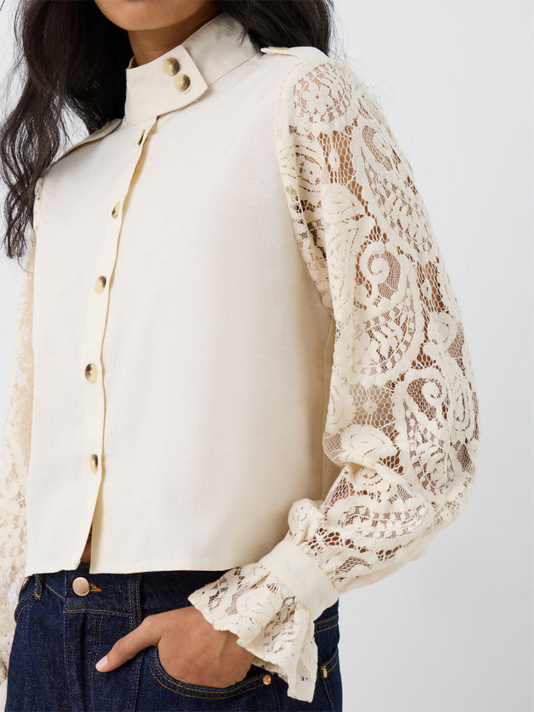 LOV Off-White Paisley Lace-Detail Shirt