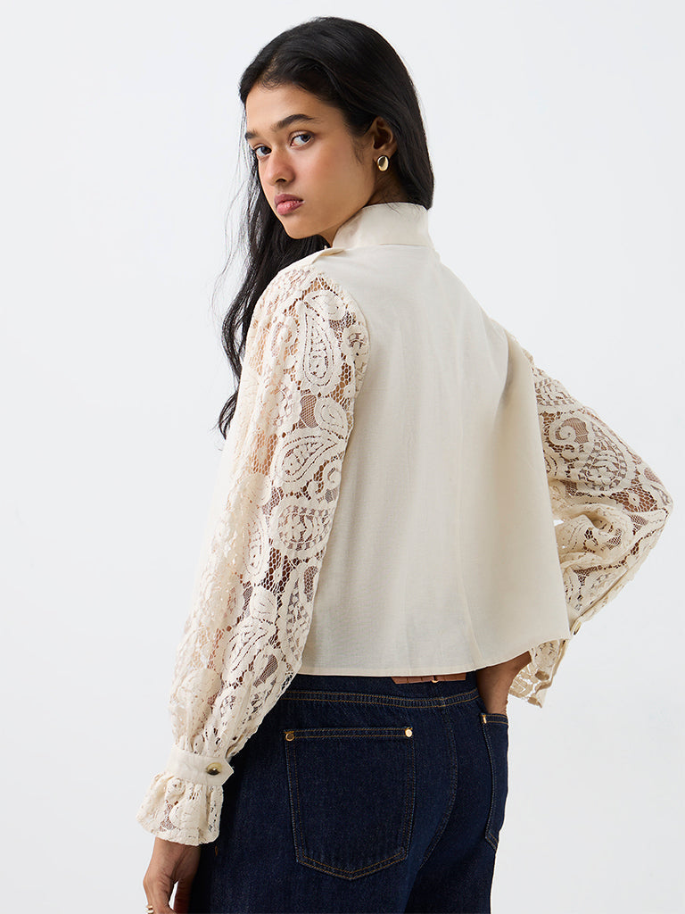 LOV Off-White Paisley Lace-Detail Shirt
