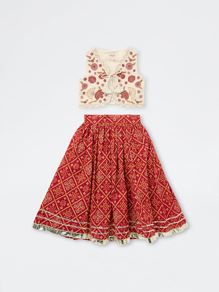 Utsa Kids Girls Off-White Floral Embroidered Cotton Jacket with Flared Skirt Set ( 2-8 yrs)