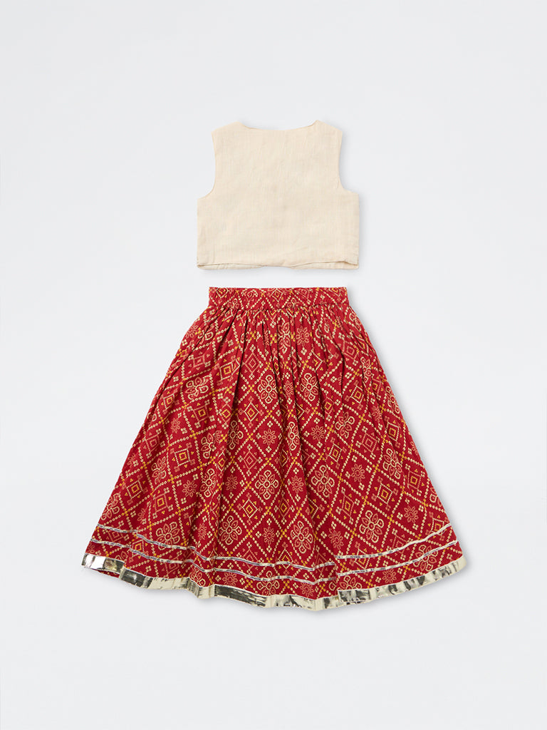 Utsa Kids Girls Off-White Floral Embroidered Cotton Jacket with Flared Skirt Set ( 2-8 yrs)