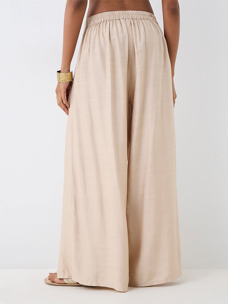 Zuba Light Beige Pleated Palazzos