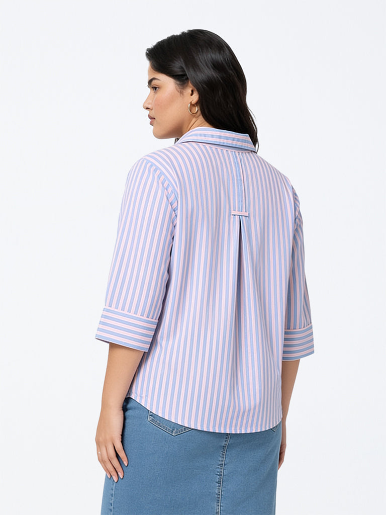 Gia Pink and Blue Striped Cotton-Blend Blouse