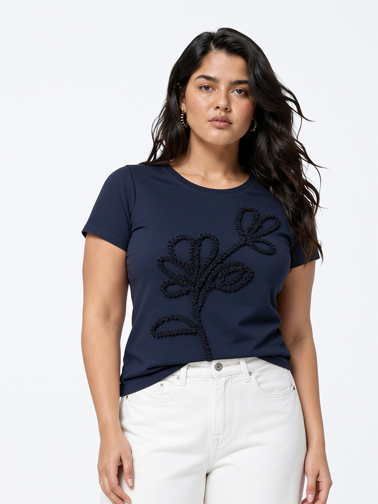 Gia Navy Floral Embroidered Cotton T-Shirt