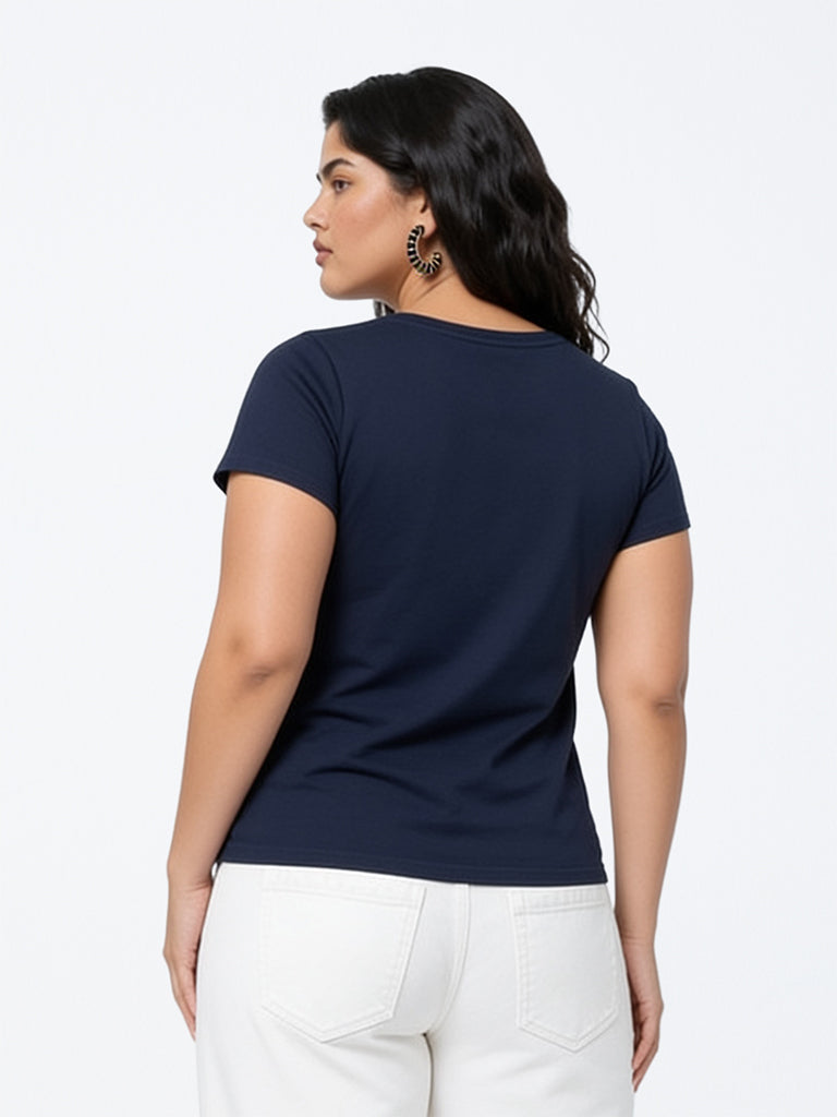 Gia Navy Floral Embroidered Cotton T-Shirt