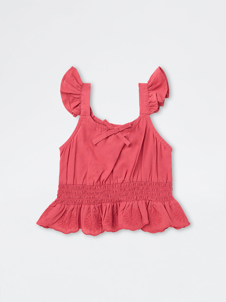 Utsa Kids Girls Pink Floral Embroidered Cotton Peplum Top (2-8 yrs)