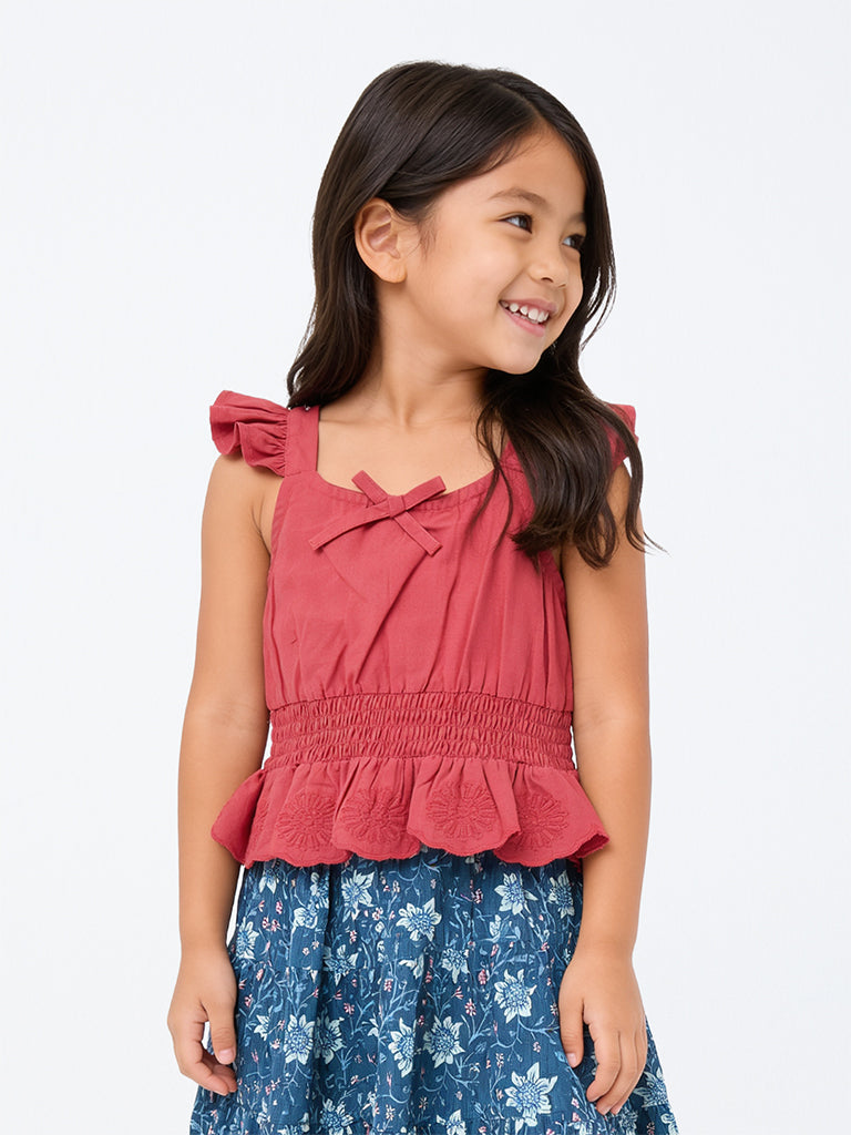 Utsa Kids Girls Pink Floral Embroidered Cotton Peplum Top (2-8 yrs)