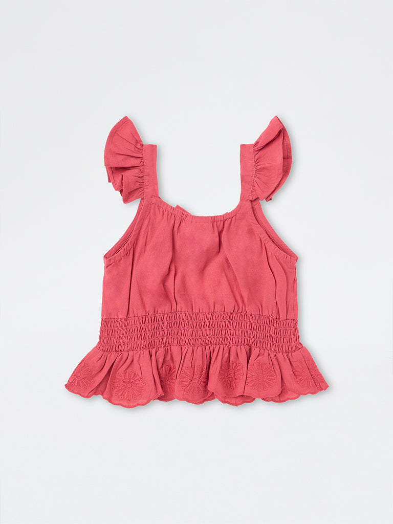 Utsa Kids Girls Pink Floral Embroidered Cotton Peplum Top (2-8 yrs)