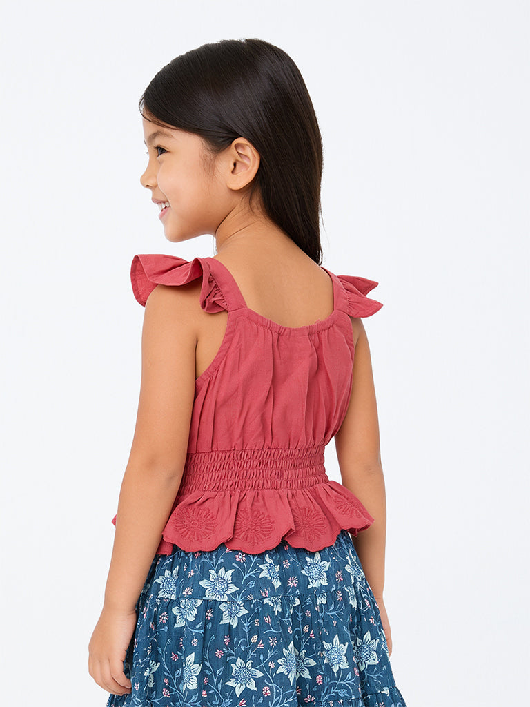 Utsa Kids Girls Pink Floral Embroidered Cotton Peplum Top (2-8 yrs)