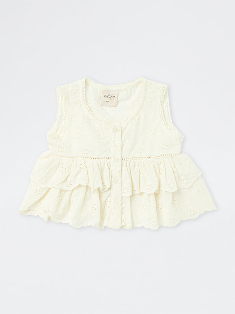 Utsa Kids Girls Off-White Schiffli Embroidered Cotton Peplum Top - (2-8 yrs)