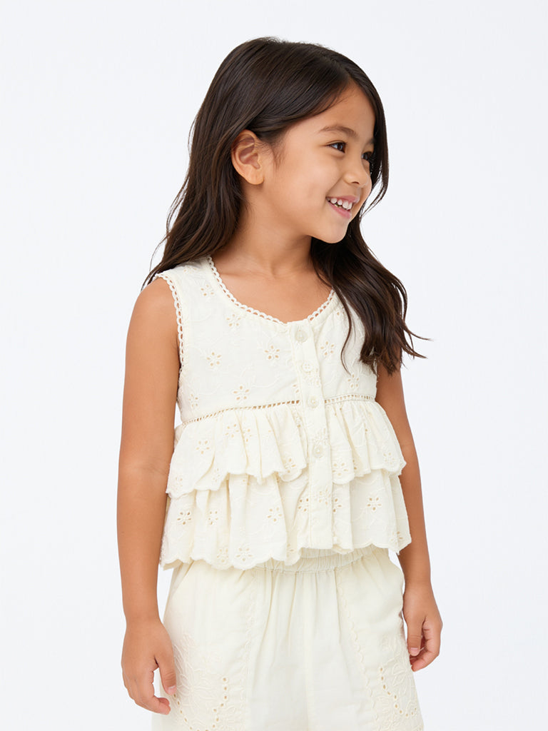 Utsa Kids Girls Off-White Schiffli Embroidered Cotton Peplum Top - (2-8 yrs)