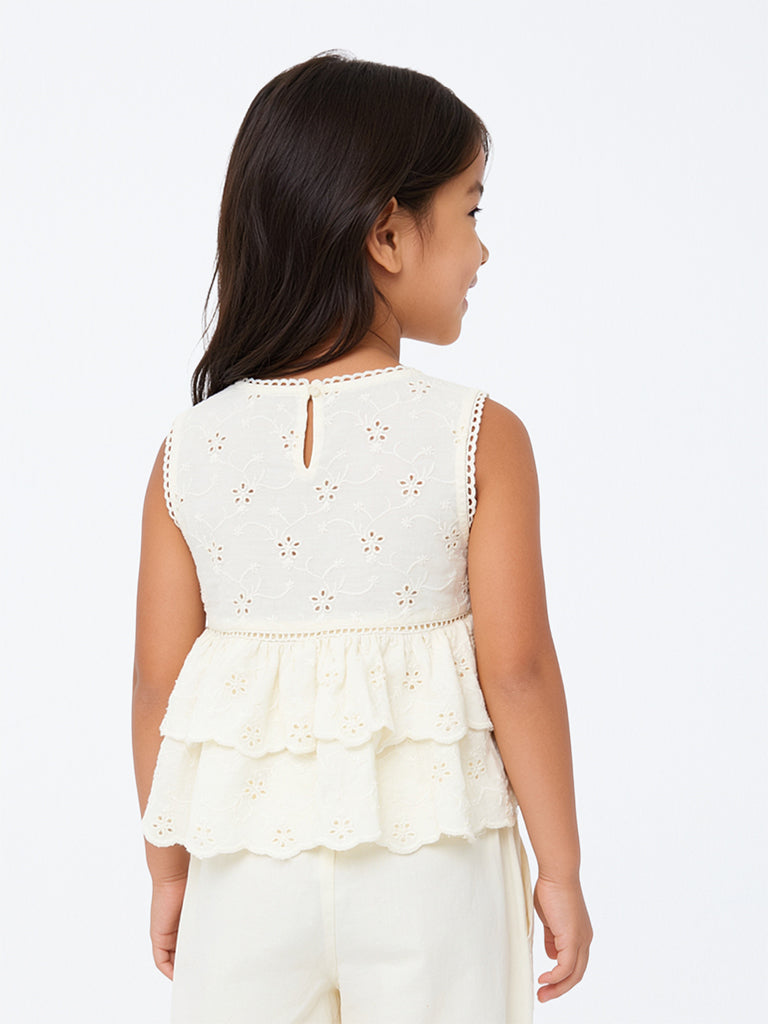 Utsa Kids Girls Off-White Schiffli Embroidered Cotton Peplum Top - (2-8 yrs)