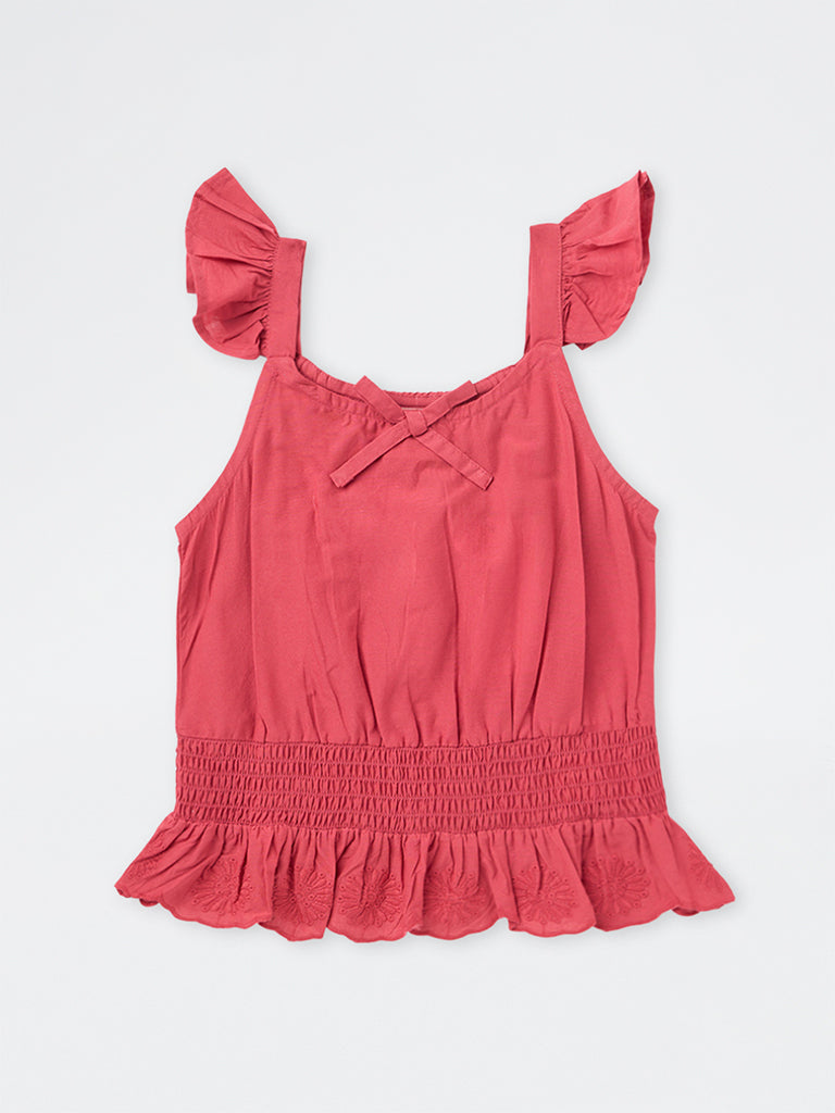 Utsa Kids Girls Pink Floral Embroidered Cotton Peplum Top (8-14 yrs)