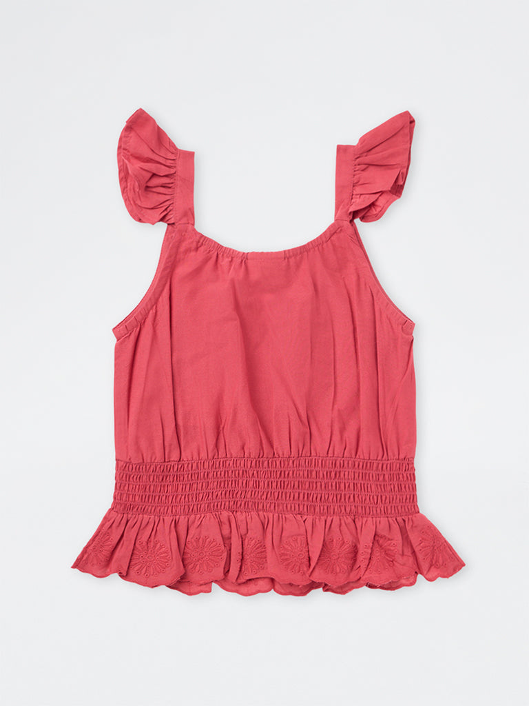 Utsa Kids Girls Pink Floral Embroidered Cotton Peplum Top (8-14 yrs)