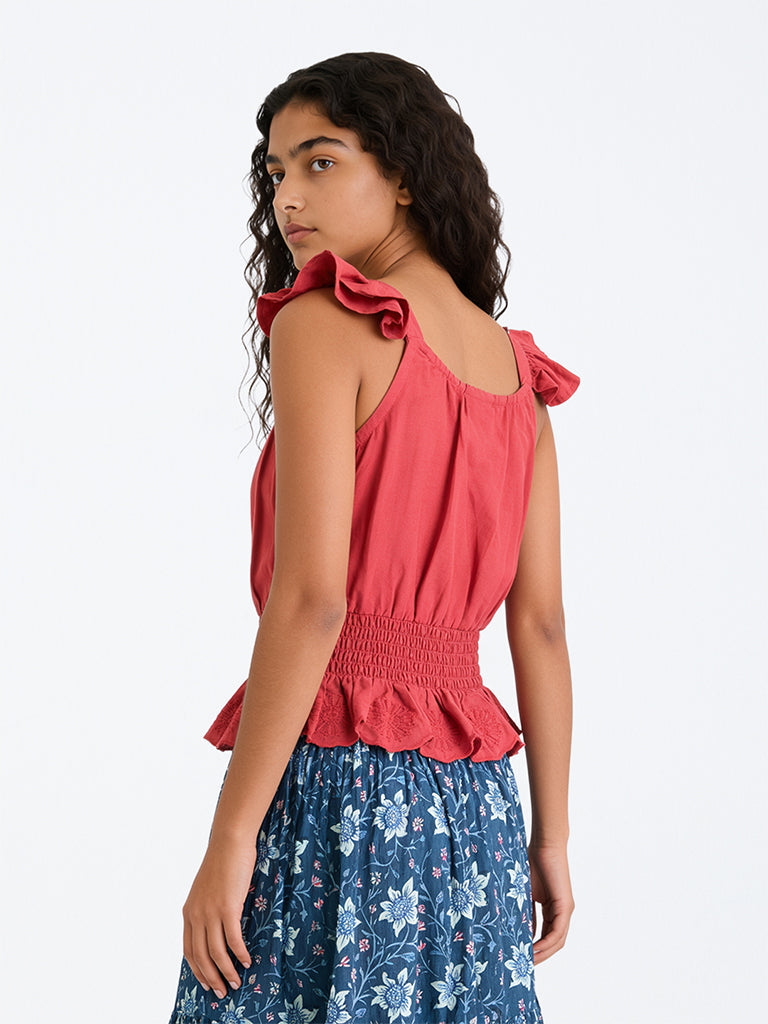 Utsa Kids Girls Pink Floral Embroidered Cotton Peplum Top (8-14 yrs)