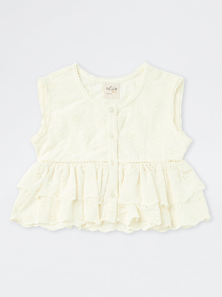 Utsa Kids Girls Off-White Schiffli Embroidered Cotton Peplum Top - (8-14 yrs)