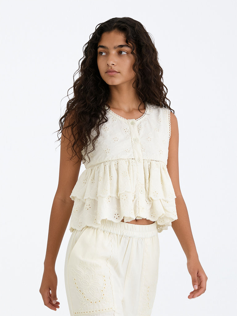 Utsa Kids Girls Off-White Schiffli Embroidered Cotton Peplum Top - (8-14 yrs)
