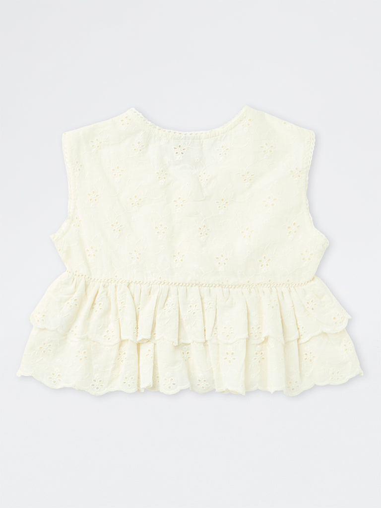 Utsa Kids Girls Off-White Schiffli Embroidered Cotton Peplum Top - (8-14 yrs)