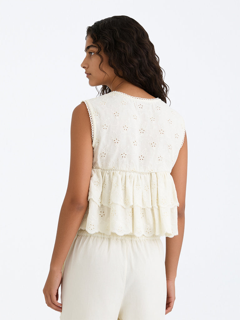 Utsa Kids Girls Off-White Schiffli Embroidered Cotton Peplum Top - (8-14 yrs)