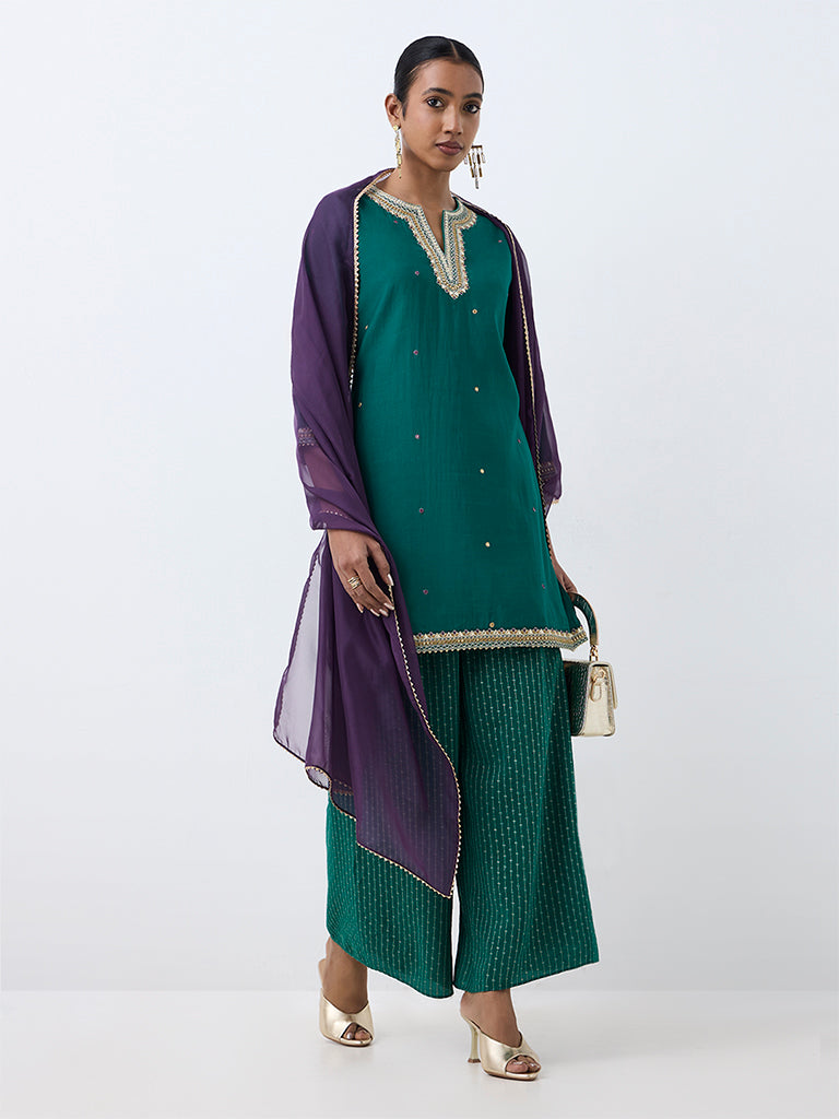Vark Dark Teal Mirror Embroidered A-Line Ethnic Set