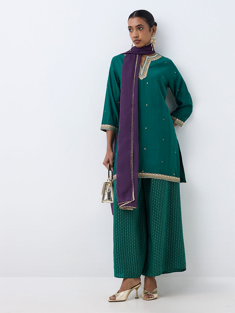 Vark Dark Teal Mirror Embroidered A-Line Ethnic Set