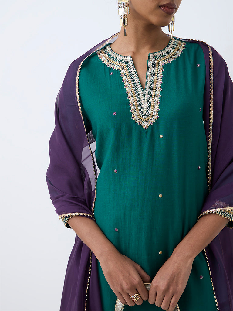 Vark Dark Teal Mirror Embroidered A-Line Ethnic Set