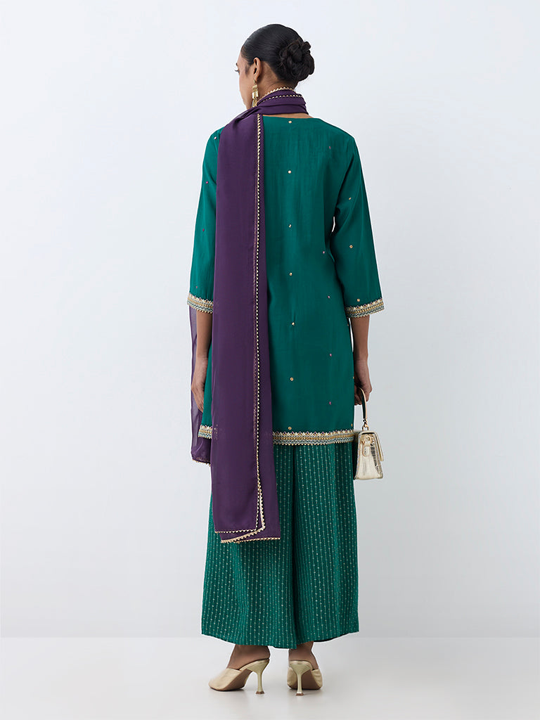 Vark Dark Teal Mirror Embroidered A-Line Ethnic Set