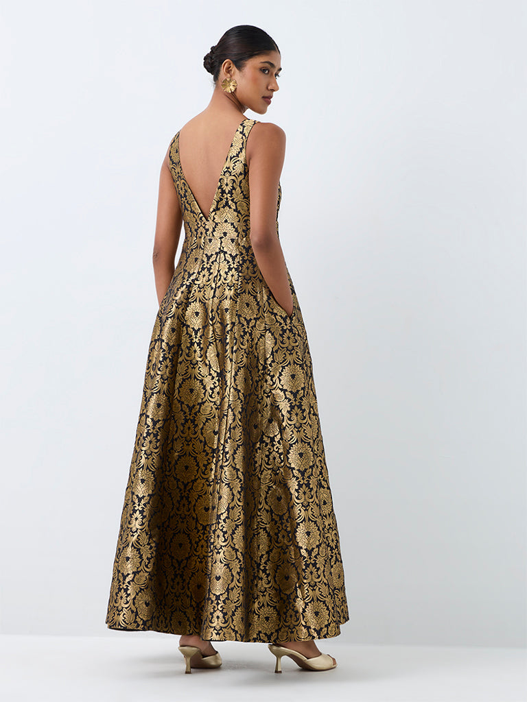 Vark Black Floral Jacquard Fit-and-Flare Dress
