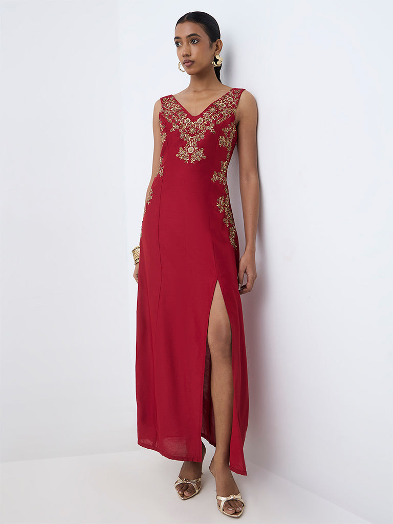 Vark Red Floral Embellished Sheath Dress