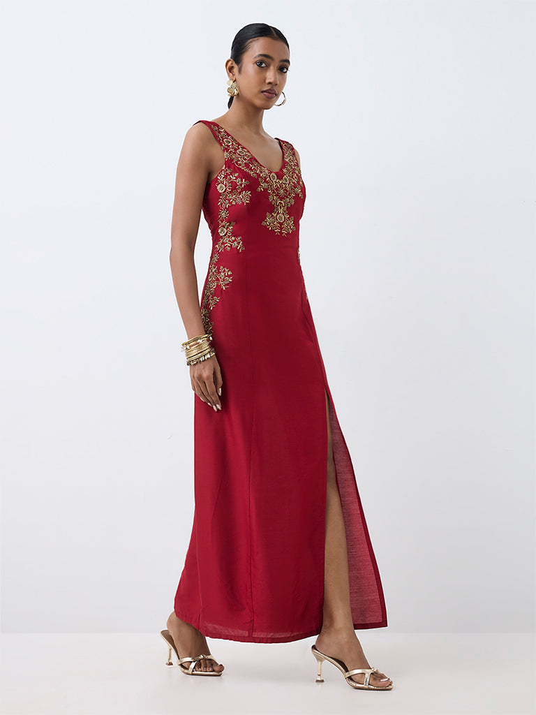 Vark Red Floral Embellished Sheath Dress