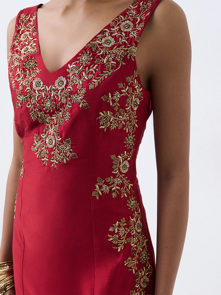 Vark Red Floral Embellished Sheath Dress