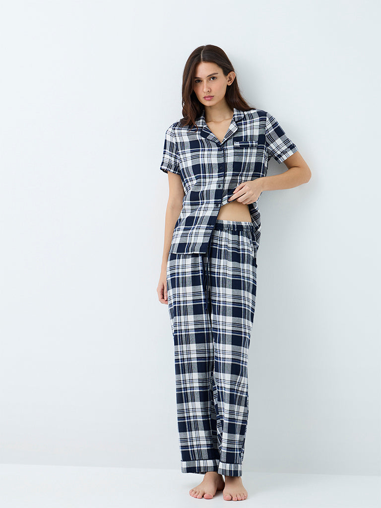 Wunderlove Navy Plaid Checkered Cotton Shirt and Pants Set