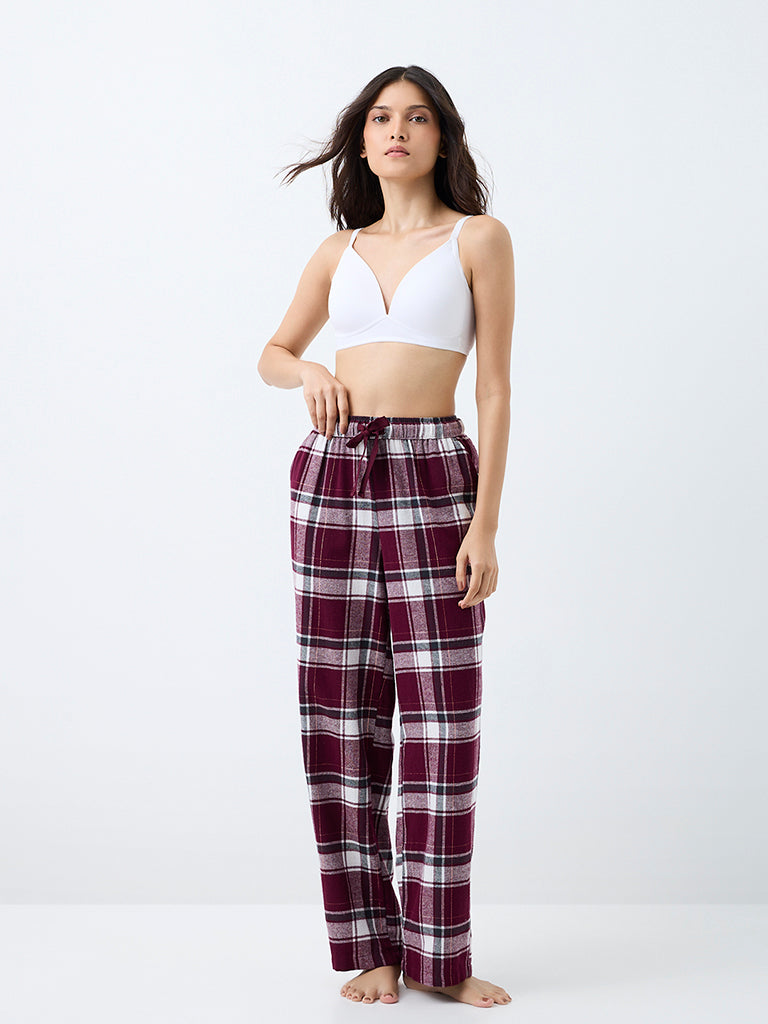 Wunderlove Wine Checkered Print Cotton-Blend High-Rise Pants