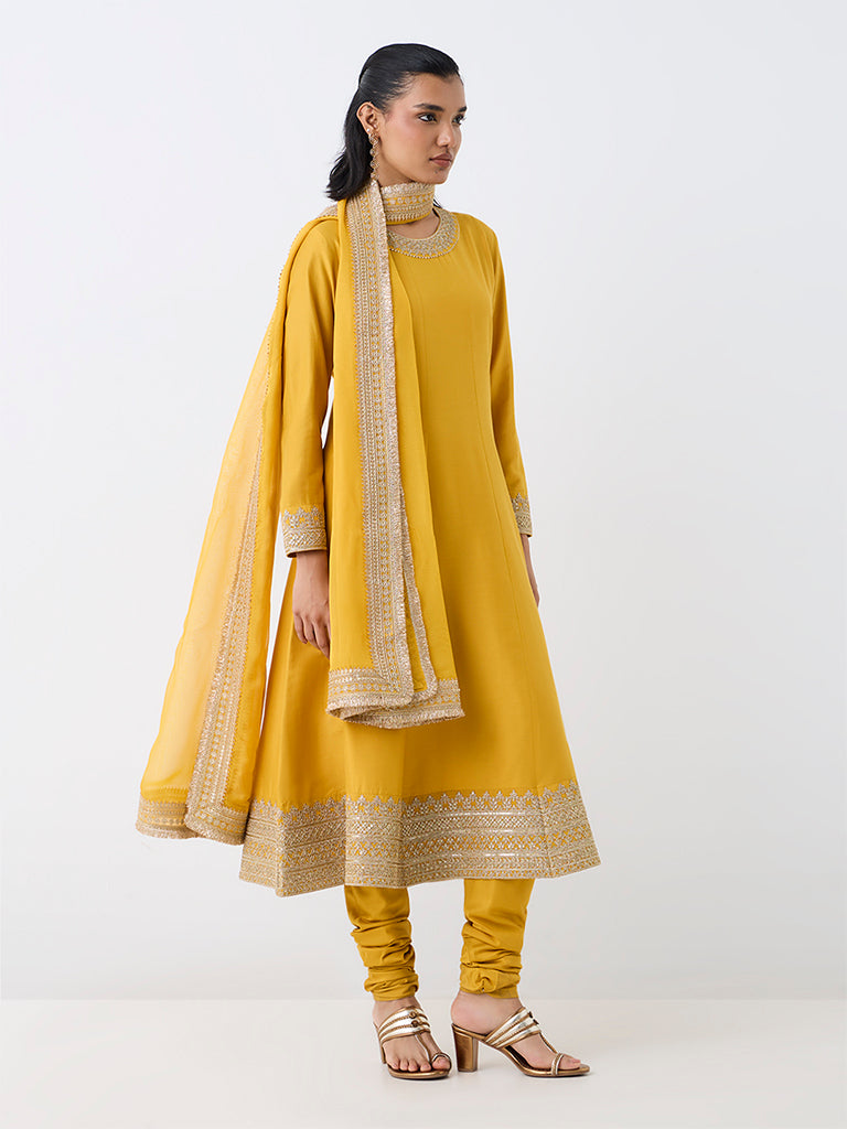 Vark Yellow Zari Embroidered Flared Ethnic Set
