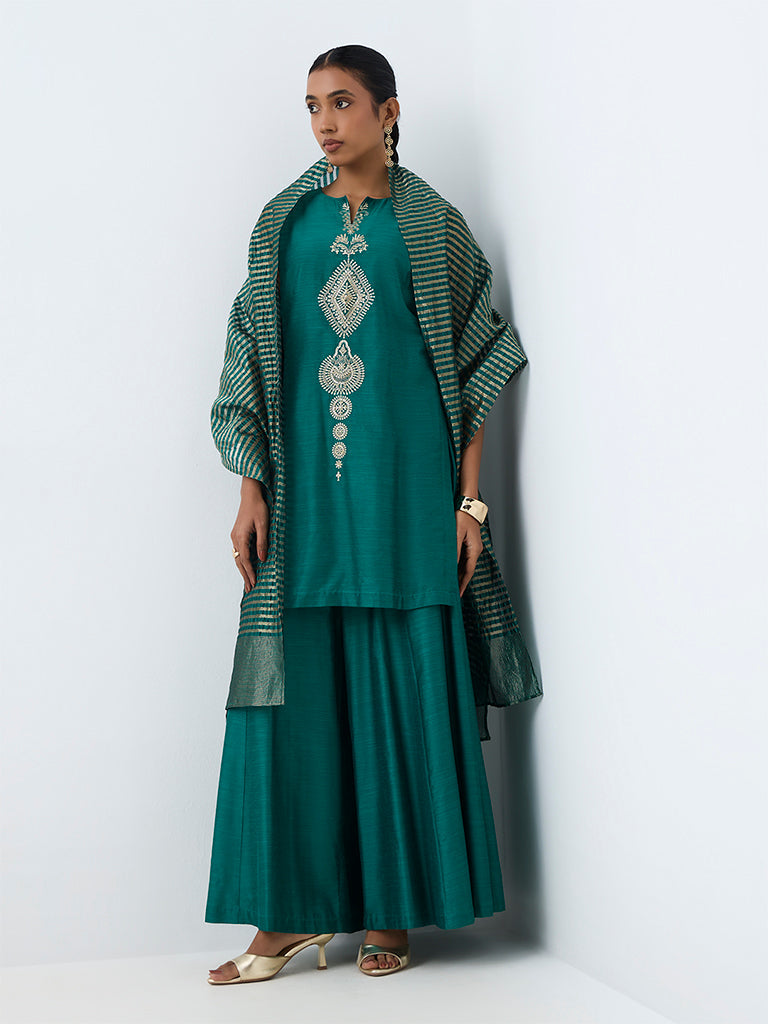 Vark Teal Floral Embroidered A-Line Kurta and Flared Palazzos Ethnic Set