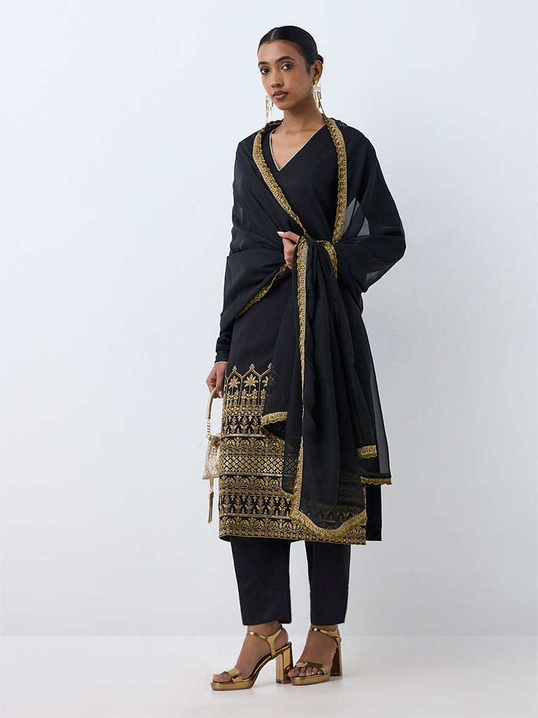 Vark Black Botanical Embroidered Straight Ethnic Set