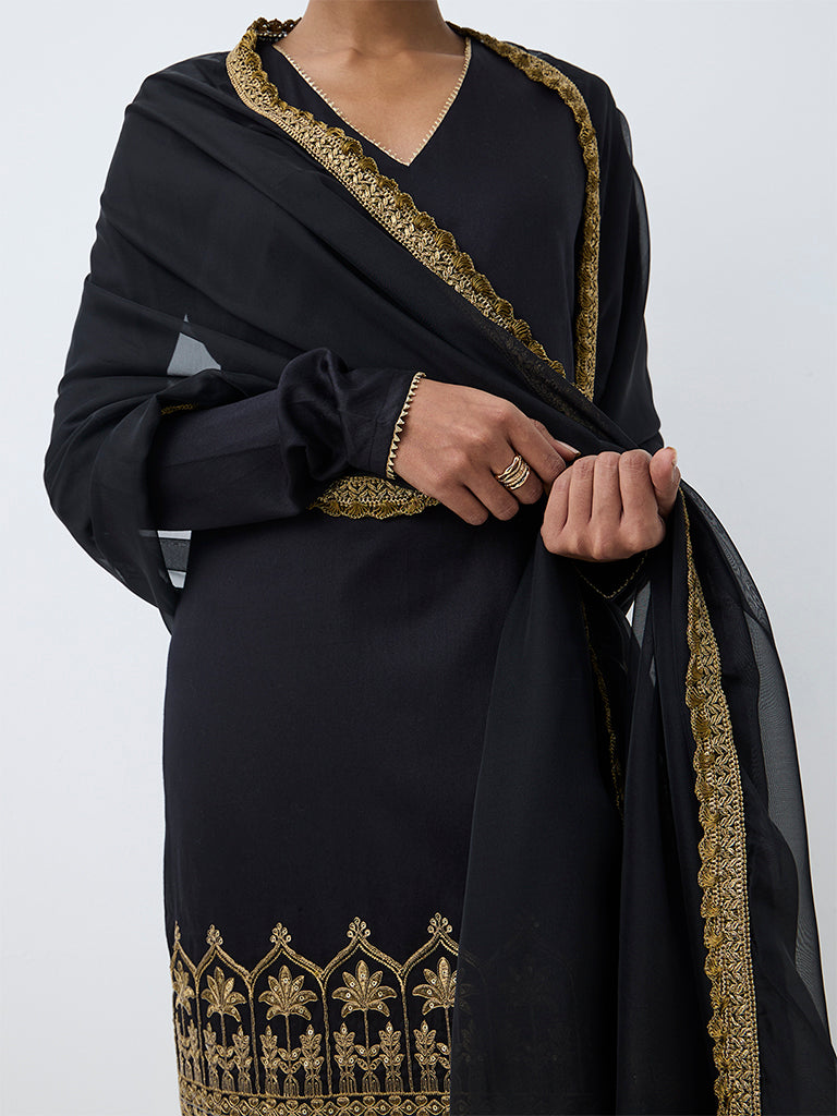Vark Black Botanical Embroidered Straight Ethnic Set