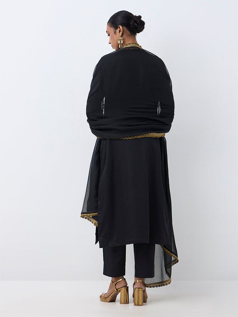 Vark Black Botanical Embroidered Straight Ethnic Set