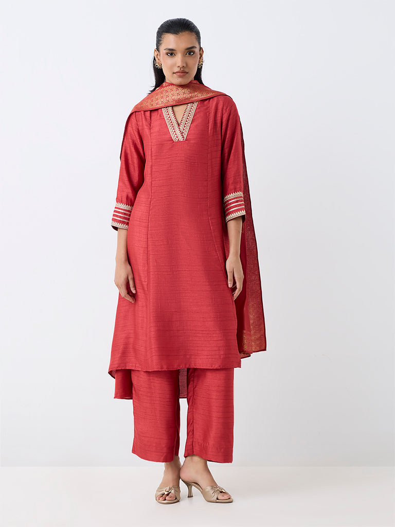 Vark Red Zari Embroidered A-Line Ethnic Set