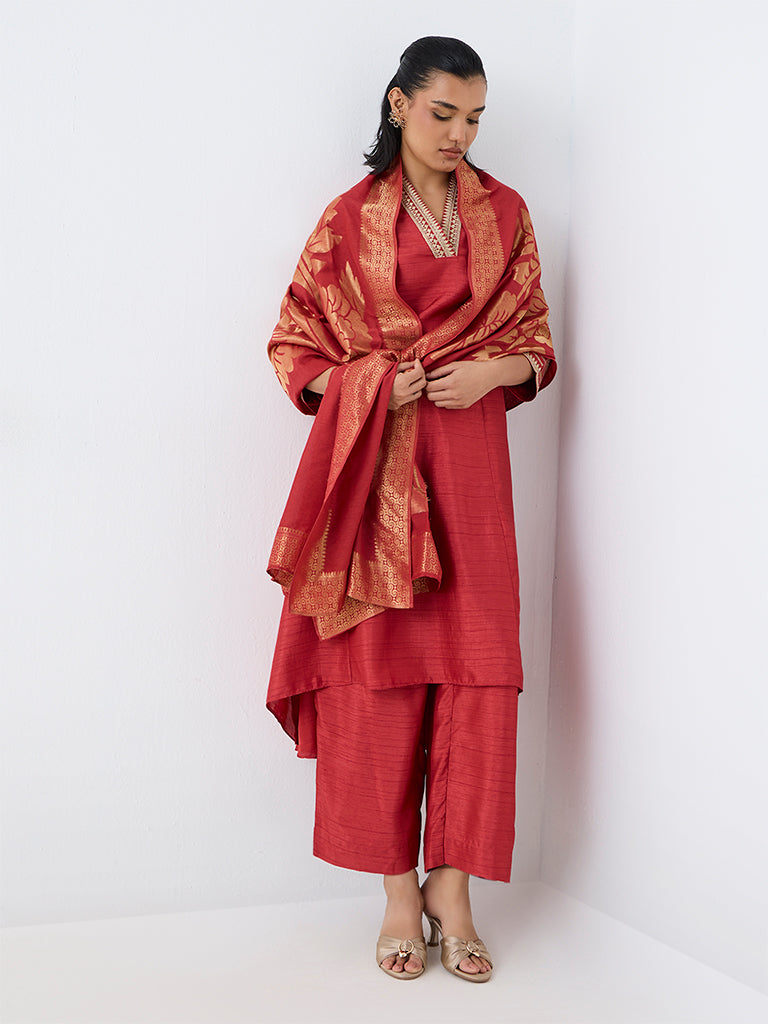Vark Red Zari Embroidered A-Line Ethnic Set