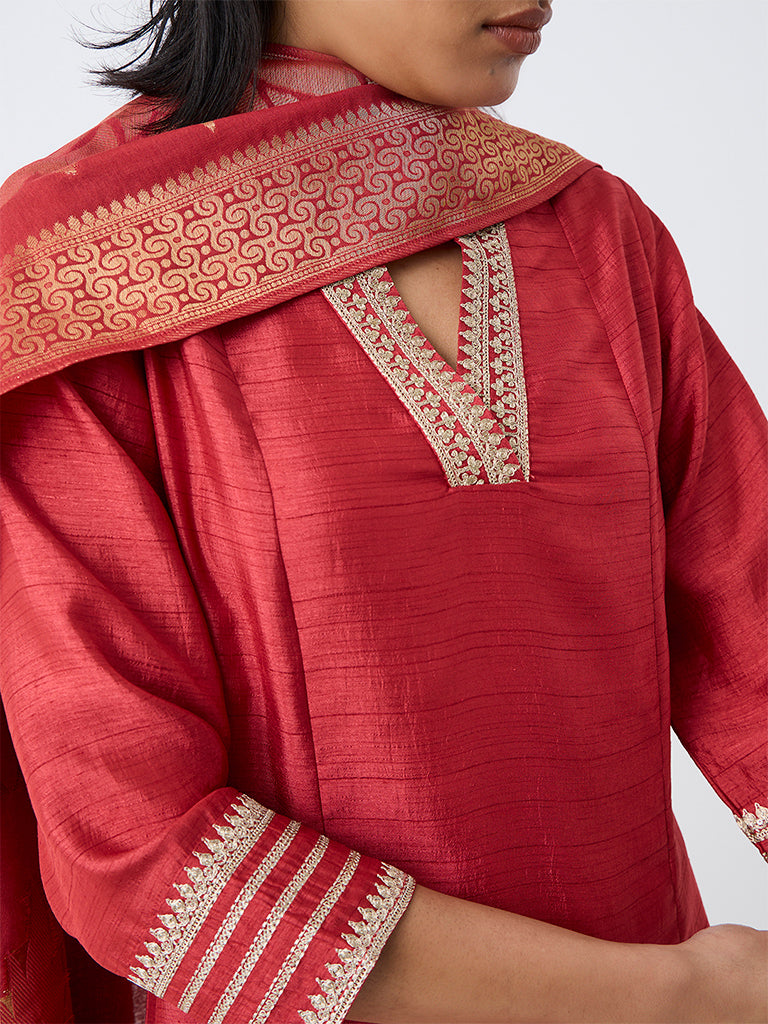 Vark Red Zari Embroidered A-Line Ethnic Set