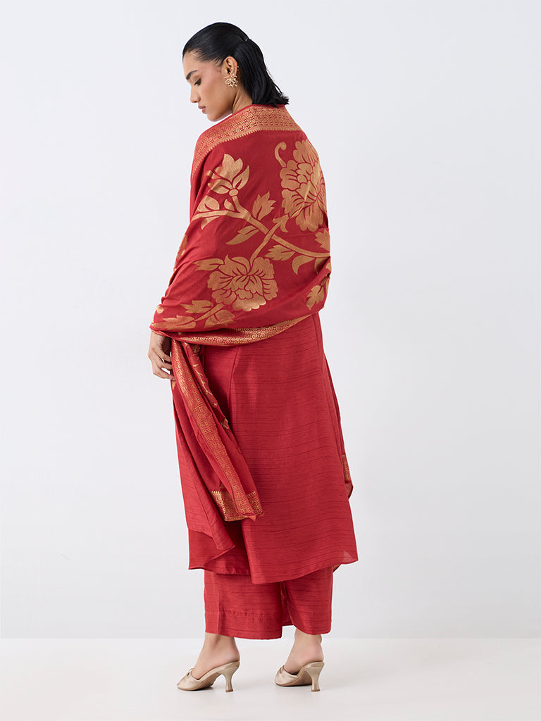Vark Red Zari Embroidered A-Line Ethnic Set