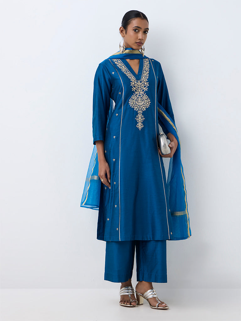 Vark Blue Floral Embroidered A-Line Ethnic Set