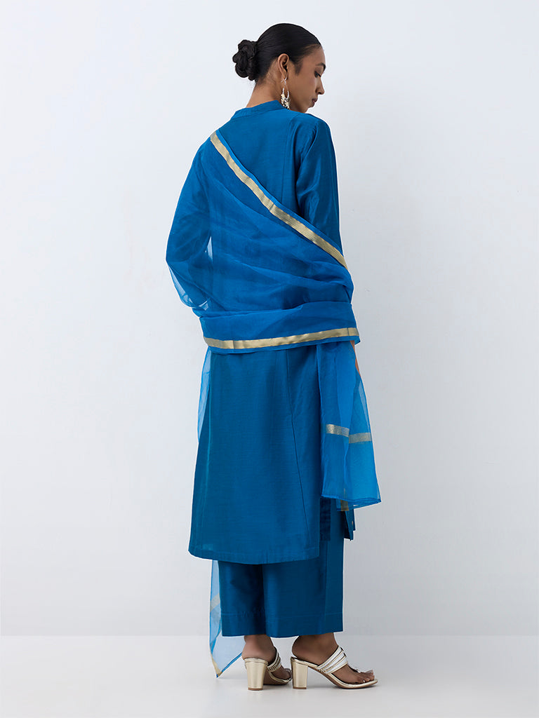 Vark Blue Floral Embroidered A-Line Ethnic Set