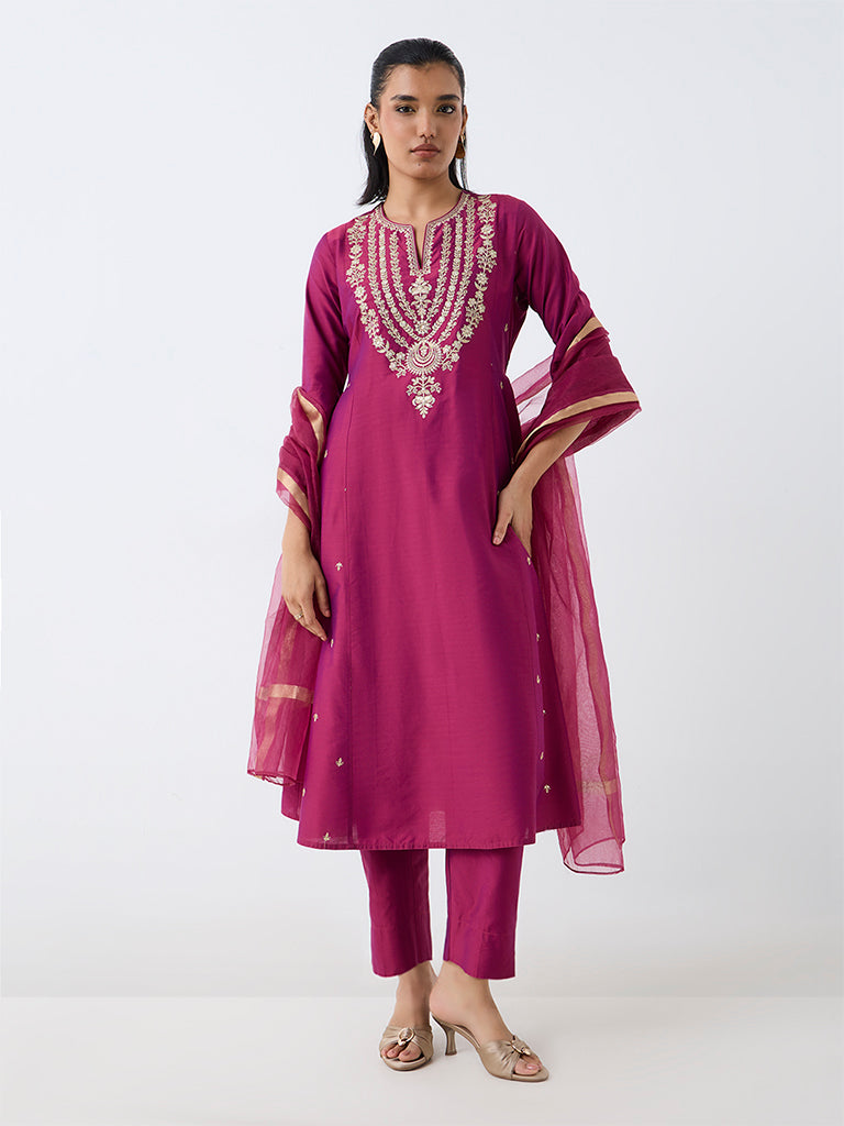 Vark Magenta Floral Embroidered A-Line Ethnic Set